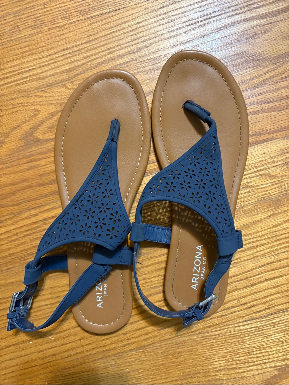 Arizona Jean Company Navy Laser-Cut T-Strap Sandals with Tan Footbed